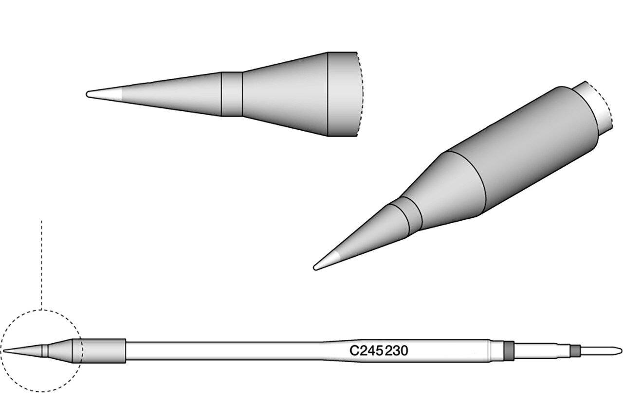 Lötkolbenspitze-Darstellung mit zwei Ansichten einer konischen Spitze, markiert mit der Teilenummer 'C245230', die ihre Form und Identifikationsnummer hervorhebt.
