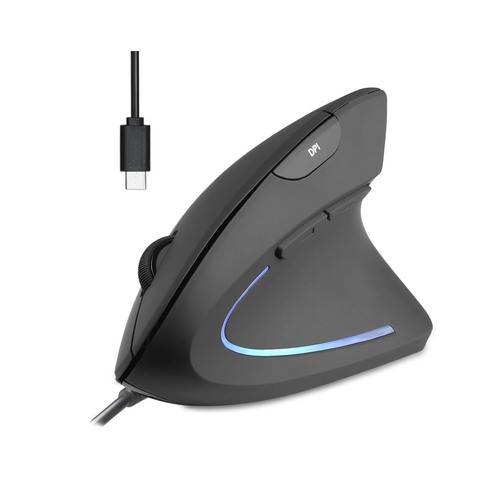 Eine ergonomische vertikale Maus mit USB-C-Anschluss und DPI-Taste, entwickelt zur Verringerung von Handgelenkbelastung.