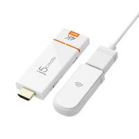 Weißer i5 Wireless Display Dongle und USB-Receiver-Adapter mit angeschlossenem Kabel, abgebildet auf neutralem Hintergrund.