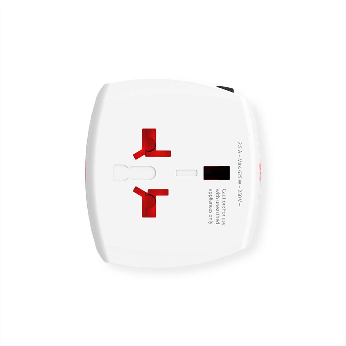 Weißer universeller Netzteil-Adapter mit zwei roten Steckdosen, gekennzeichnet mit '2.5A Max 250V~ 220V 50Hz.