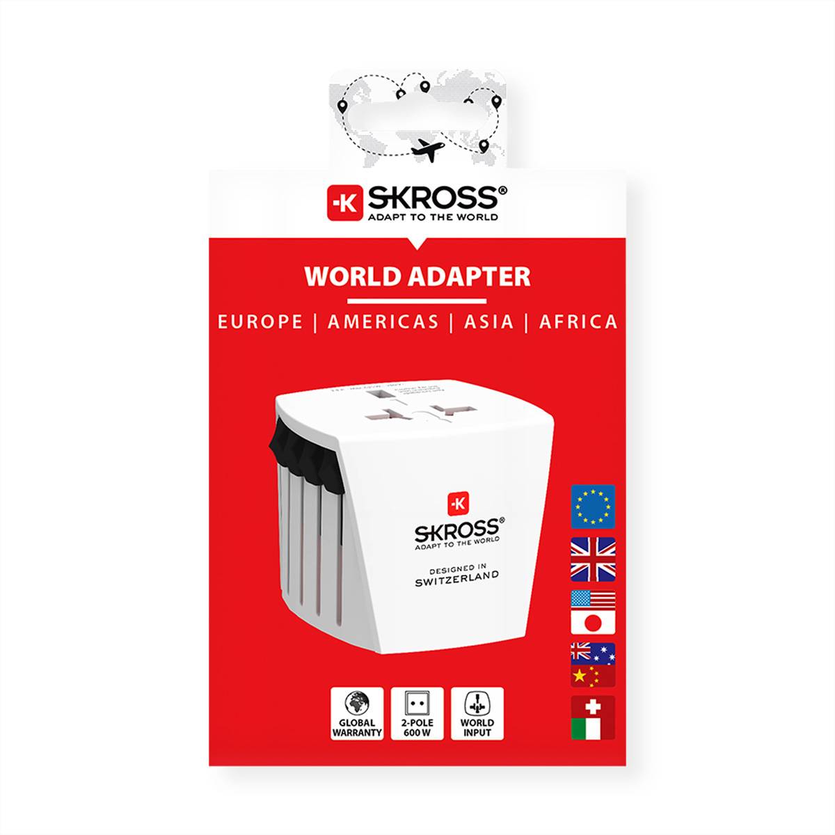 SKROSS World Adapter' Verpackung mit einem universellen Reiseadapter für Europa, Amerika, Asien und Afrika, mit globalen Garantie-Symbolen.