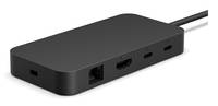 Schwarzer rechteckiger Adapter-Hub mit mehreren Anschlüssen, einschließlich Ethernet und USB/HDMI-ähnlicher Verbindungen, gezeigt auf weißem Hintergrund.