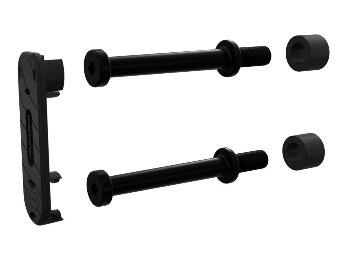 Zwei schwarze Schrauben mit sechseckigen Köpfen neben passenden Gewindebohrungen, von der Seite betrachtet, die die Ausrichtung beim Zusammenbau anzeigen.