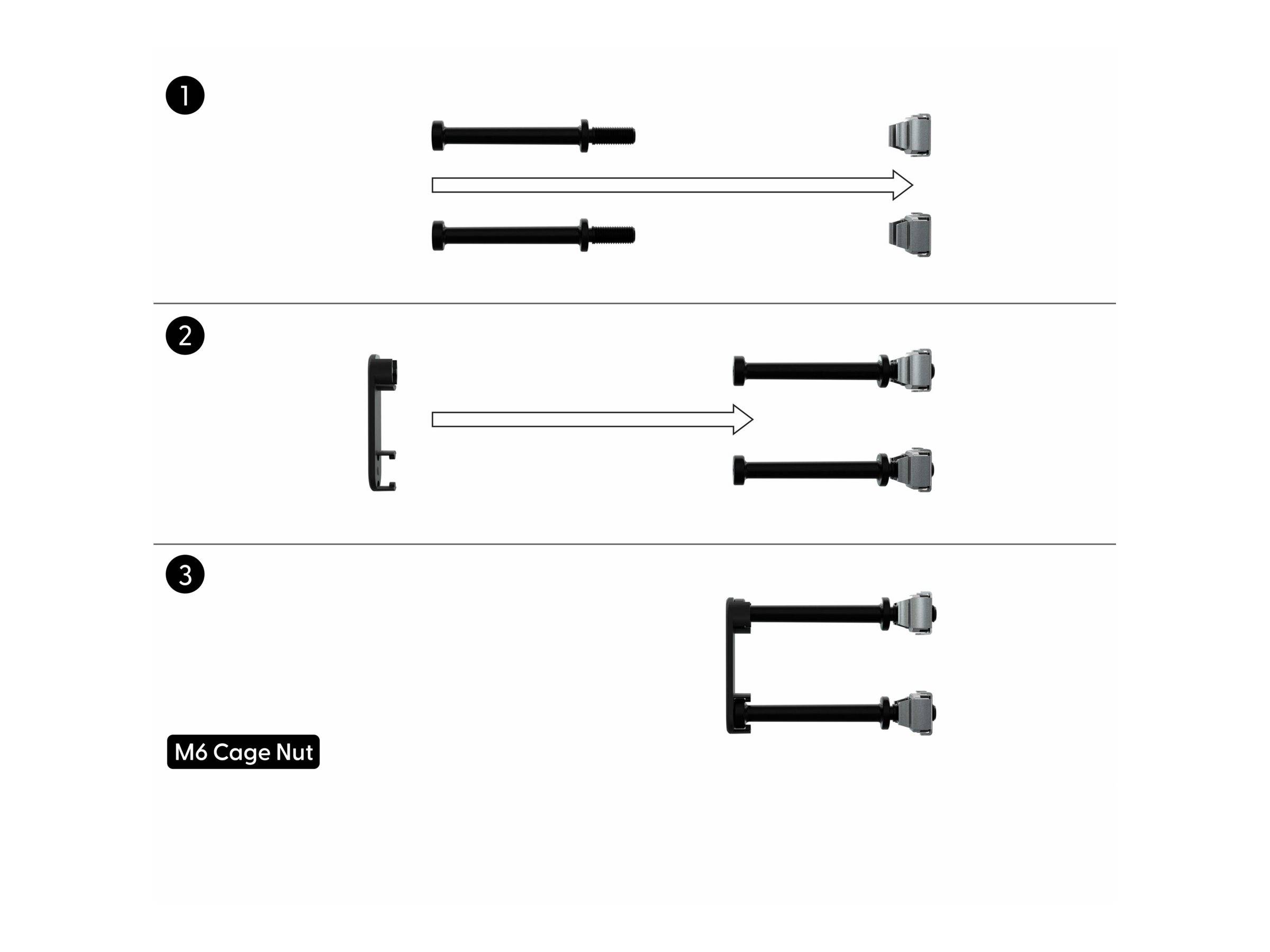 Diagramm zur Einführung von M6-Käfigmuttern: 1) Schraube einführen, 2) Mutter mit Pfeil ausrichten, 3) Befestigen. Beschriftung: M6-Käfigmutter.