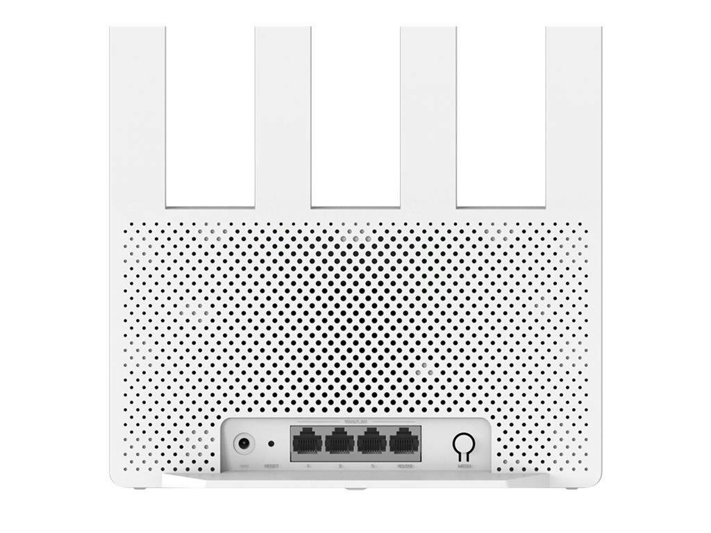 Das Bild zeigt die Rückseite eines weißen WLAN-Routers mit drei Antennen. Es verfügt über Anschlüsse für Strom, vier Ethernet-Verbindungen und einen Zurücksetzen-Knopf.