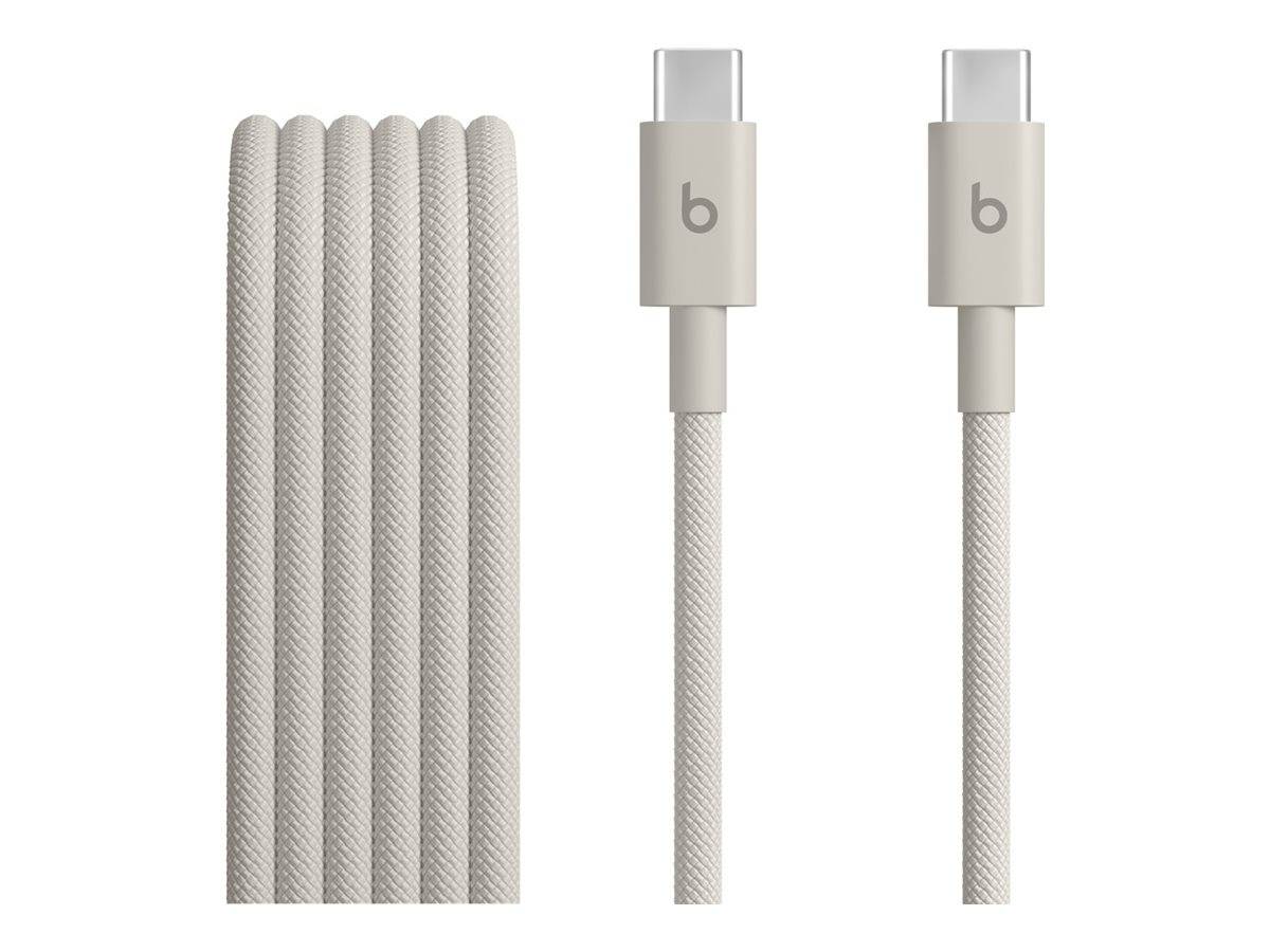 Zwei hellgraue geflochtene USB-C-Ladekabel, links aufgewickelt gezeigt und rechts als zwei gerade Kabelenden.