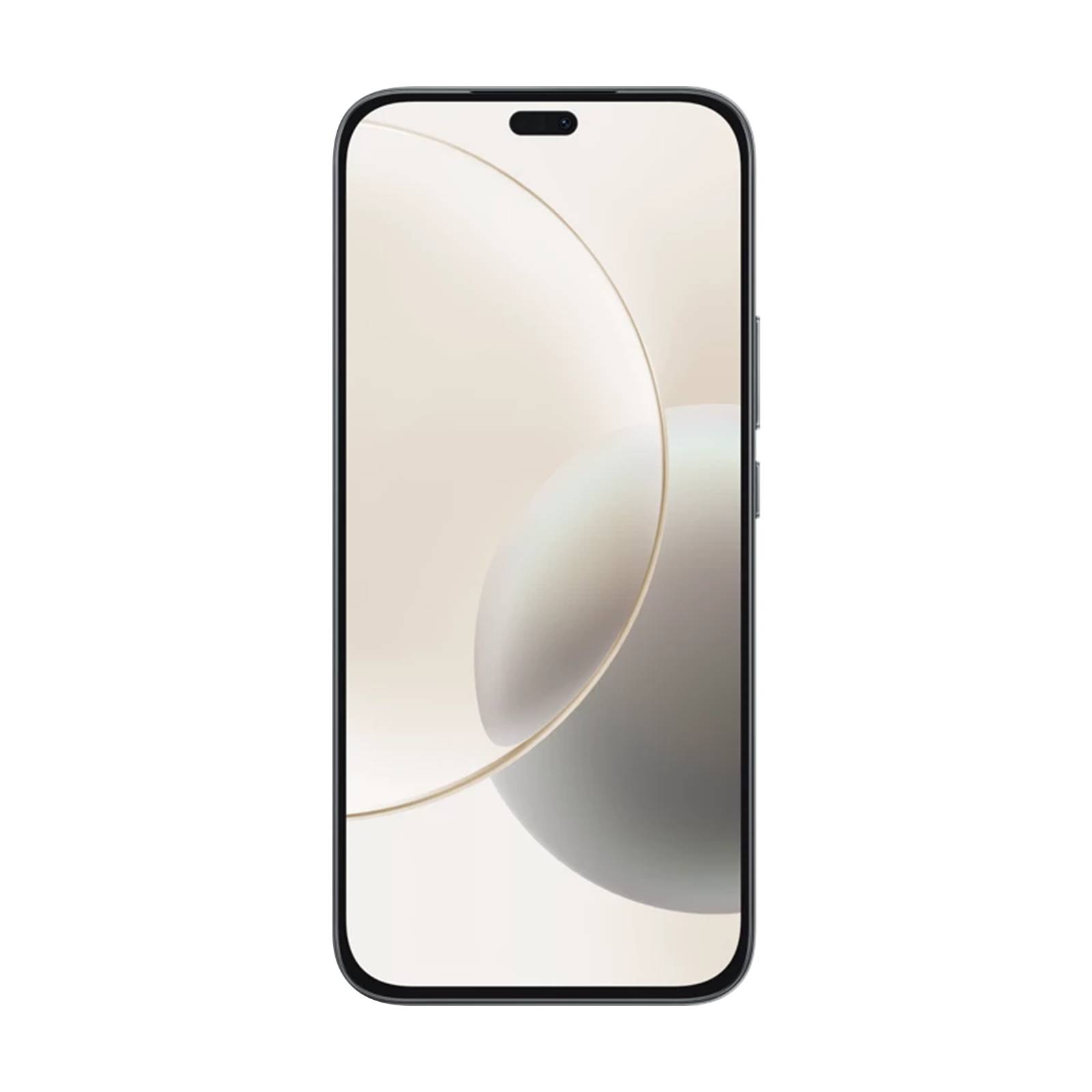 Vorderansicht eines Smartphones mit einem zentrierten pillenförmigen Kamera-Ausschnitt und abstraktem beige-grauem kreisförmigem Hintergrund auf dem Bildschirm.