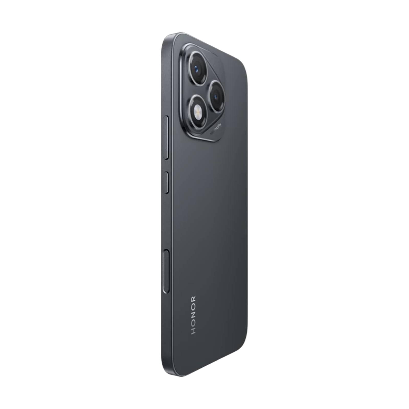 Das Black Honor Smartphone wird von hinten in einem Winkel dargestellt, mit einem dreifachen Kameramodul und sichtbaren Seitentasten.