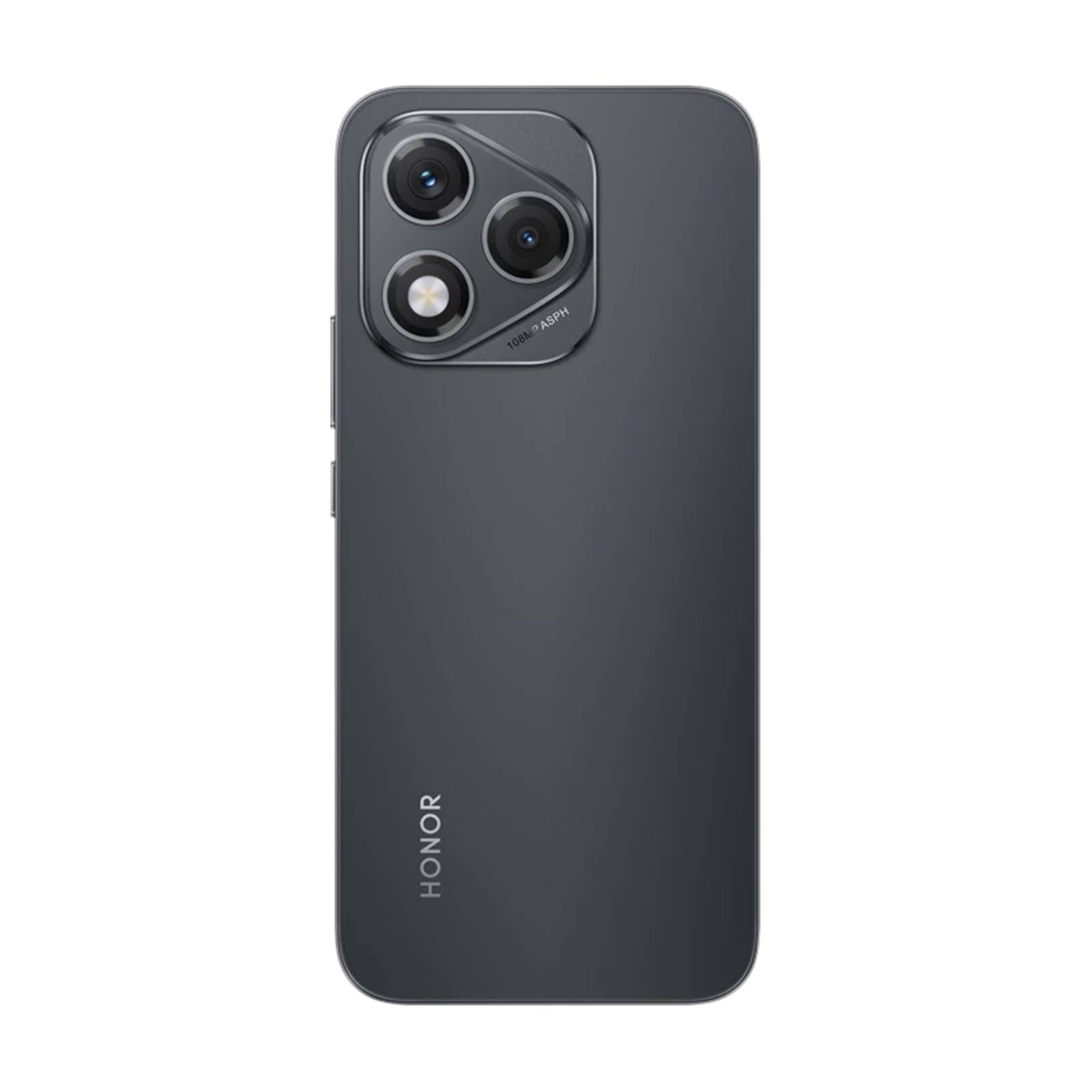 Rückansicht eines dunkelgrauen HONOR-Smartphones mit einem dreifachen Kameramodul auf der Rückseite und Blitz auf einfachem schwarzem Hintergrund.