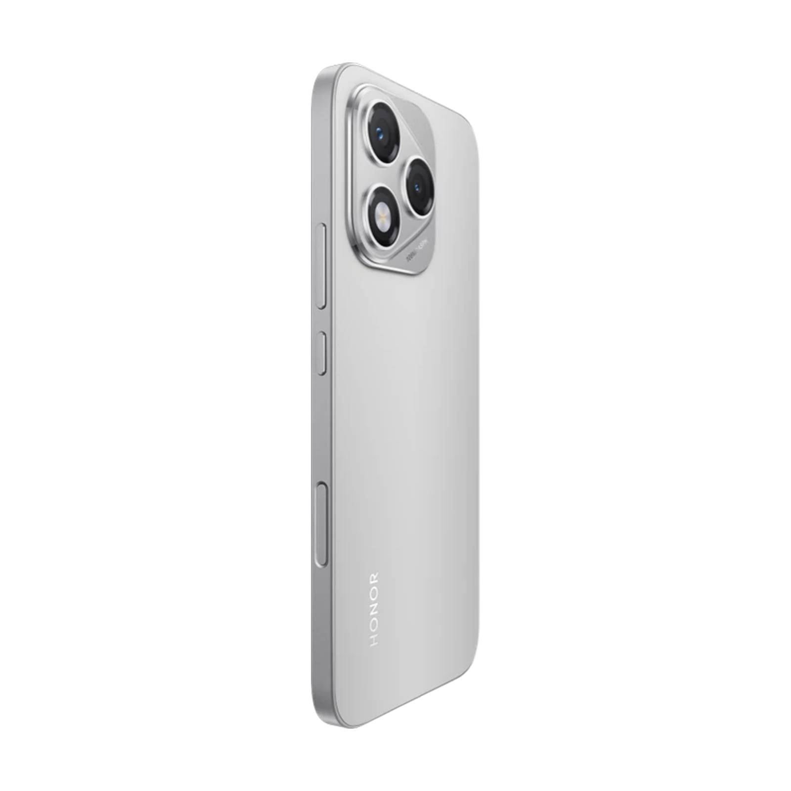 Silbernes HONOR-Smartphone von hinten und von der Seite gezeigt, wobei das dreifache hintere Kameramodul und die Seitentasten auf schwarzem Hintergrund hervorgehoben werden.