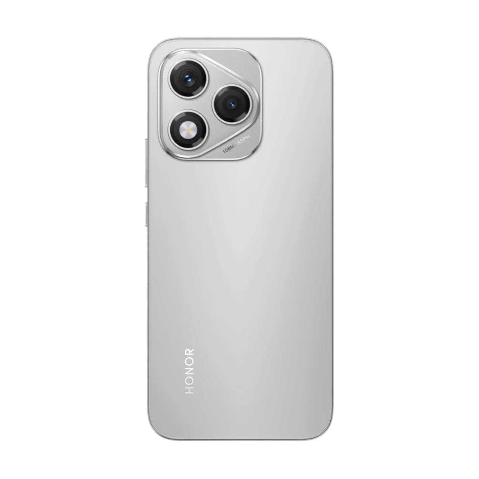 Silbernes HONOR-Smartphone von hinten gezeigt mit einem quadratischen Triple-Kamera-Modul oben links auf schwarzem Hintergrund.