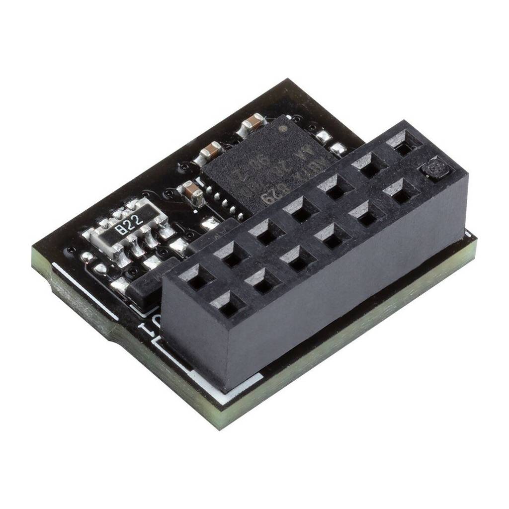 Nahaufnahme einer kleinen elektronischen Leiterplatte mit einer schwarzen Mehrpol-Steckverbinderbuchse oben.