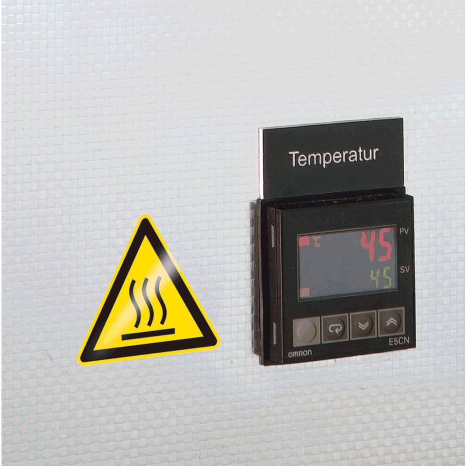 Warnschild Warnung vor heißer Oberfläche, Folie, selbstklebend, SL 100mm, ASR A1.3, DIN EN ISO 7010 W017
