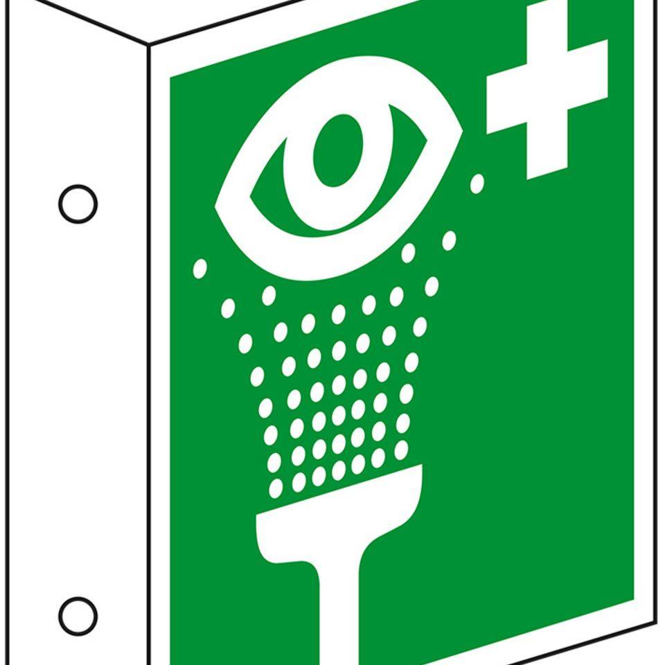 Rettungs-Fahnenschild Augenspüleinrichtung, doppelseitig, Kunststoff, 200x200mm, ASR A1.3, DIN EN ISO 7010 E011