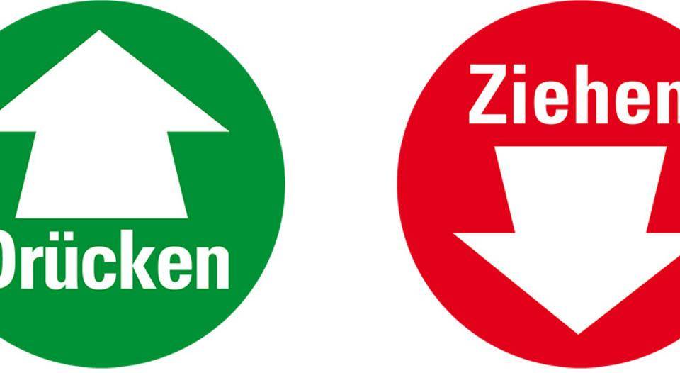 Türhinweis Drücken/Ziehen, doppelseitig, grün/rot, Folie, selbstklebend, Ø 100mm