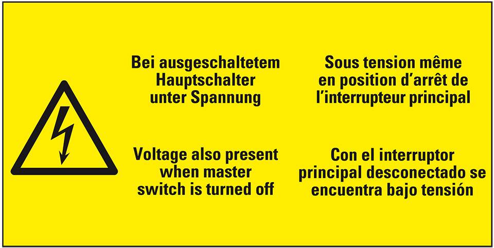 Warn-Kombischild Bei ausgeschalt.Hauptschalter unter..., praxisbewährt, Folie, 100x50mm