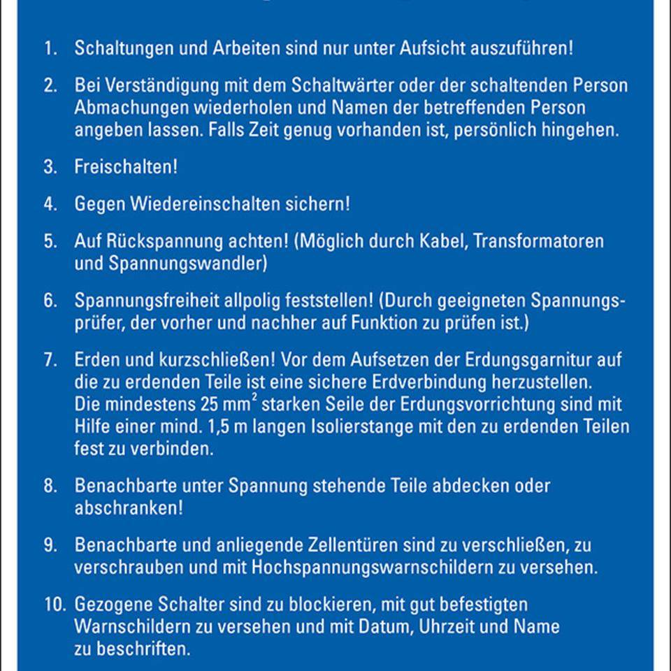 Aushang Sicherheitsvorschriften für Hochspannungsanlagen, Kunststoff, 400x600mm