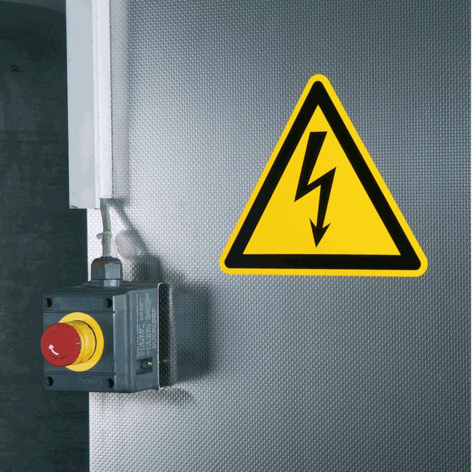 Warnschild Warnung vor elektrischer Spannung, Folie, selbstklebend, SL 25mm, 10/Bogen, ASR A1.3, DIN EN ISO 7010 W012