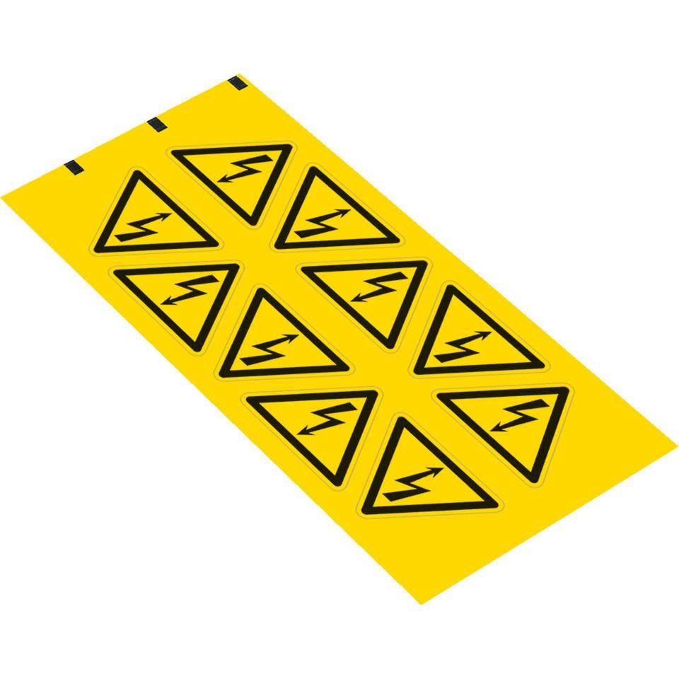 Warnschild Warnung vor elektrischer Spannung, Folie, selbstklebend, SL 25mm, 10/Bogen, ASR A1.3, DIN EN ISO 7010 W012