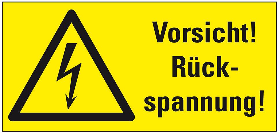 Warn-Kombischild Vorsicht! Rückspannung!, praxisbewährt, Folie, selbstklebend, 52x26mm, 10/Bogen, BGV A8