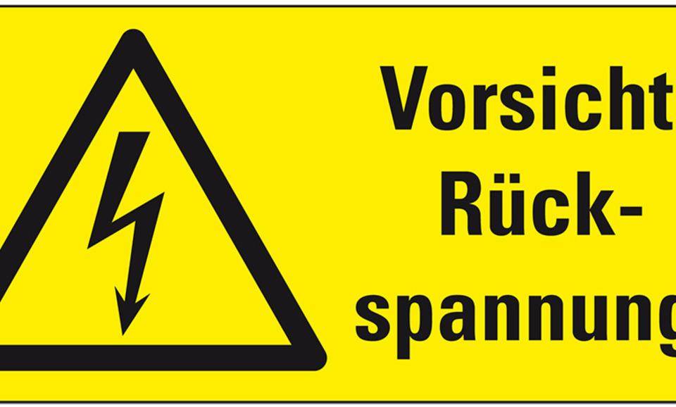 Warn-Kombischild Vorsicht! Rückspannung!, RoHS konform, Folie, selbstklebend, 52x26mm, ASR A1.3, DIN EN ISO 7010 W012
