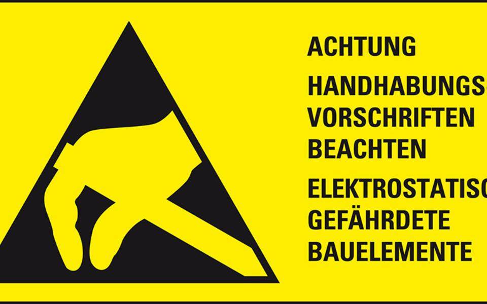 Warnschild Achtung Handhabungsvorschriften beachten ..., RoHS-konform, Folie, 74x37mm, 10/BOG