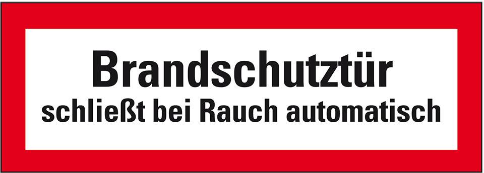 Feuerwehrschild Brandschutztür schließt bei Rauch automatisch, Folie, 297x105mm, DIN 4066