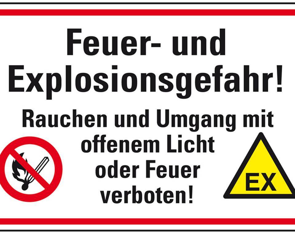 Hinweisschild Feuer- und Explosionsgefahr!..., Folie, selbstklebend, 300x200mm