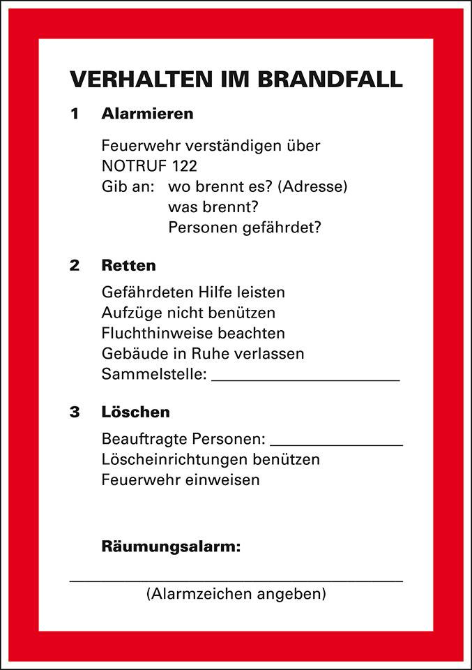 Verhalten im Brandfall Feuerwehr verständigen, Kunststoff, 210x297mm