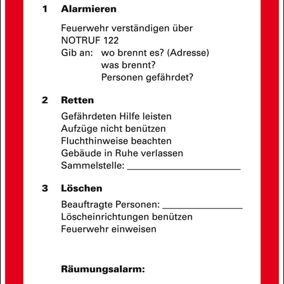 Verhalten im Brandfall Feuerwehr verständigen, Kunststoff, 210x297mm