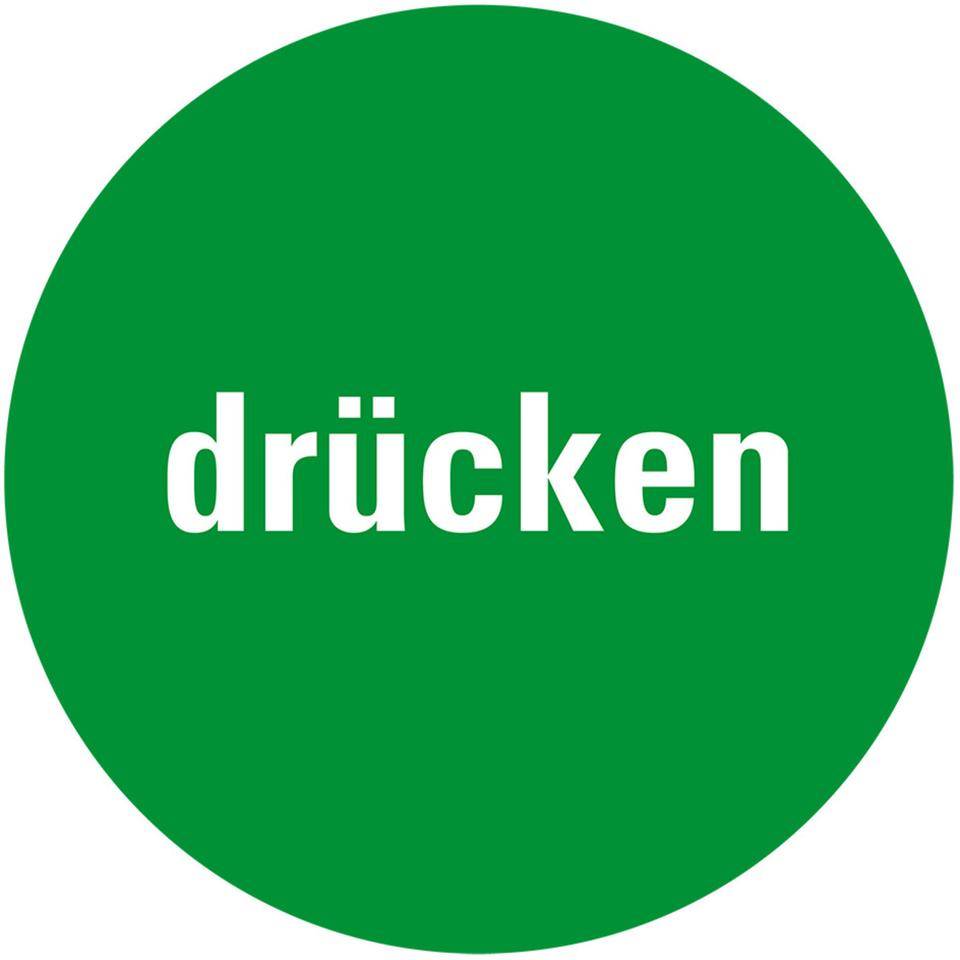 Türhinweis Drücken, verhindert Stoßverletzungen, grün, Folie, selbstklebend, Ø 100mm