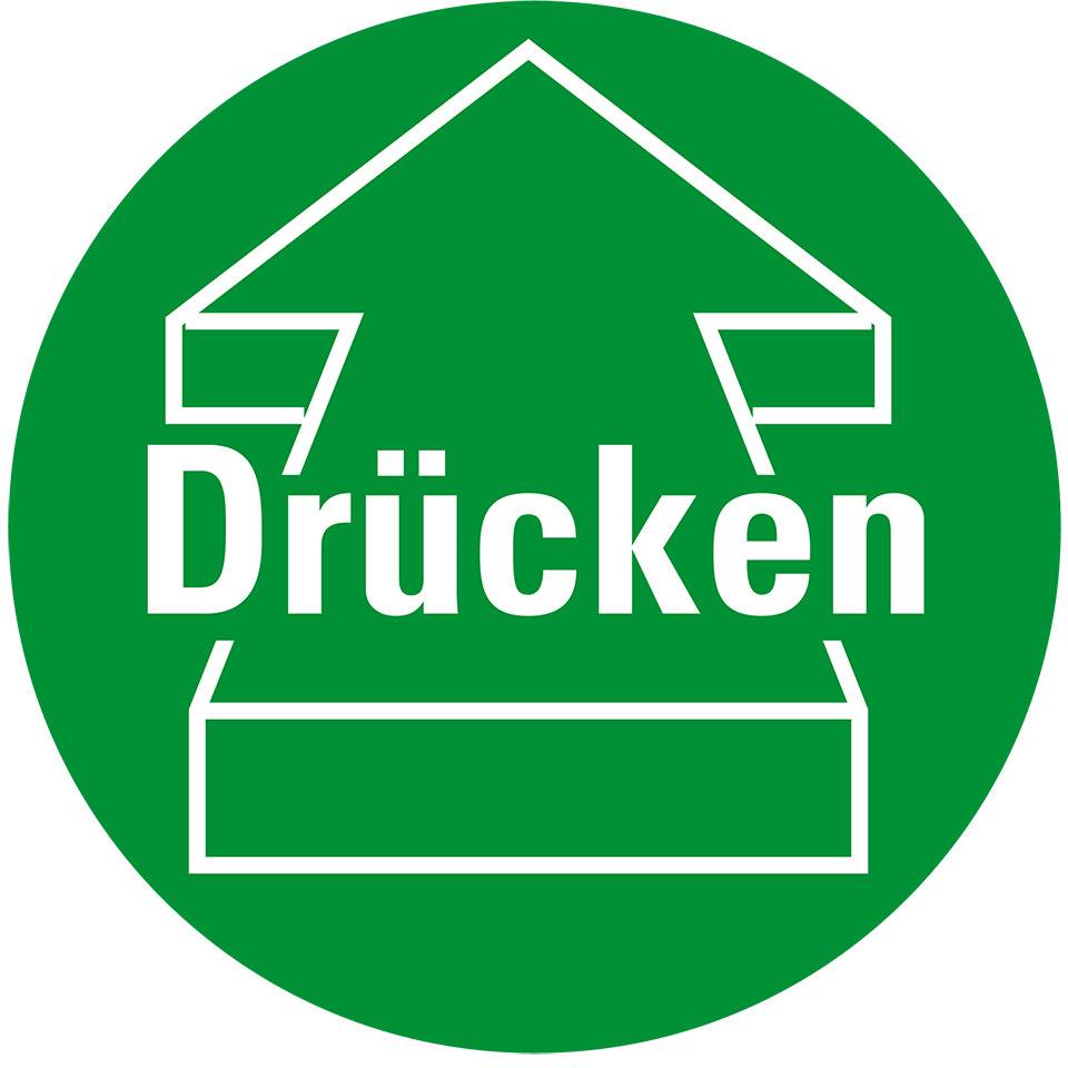 Türhinweis Drücken mit Pfeil, verhindert Stoßverletzungen, grün, Folie, Ø 100mm