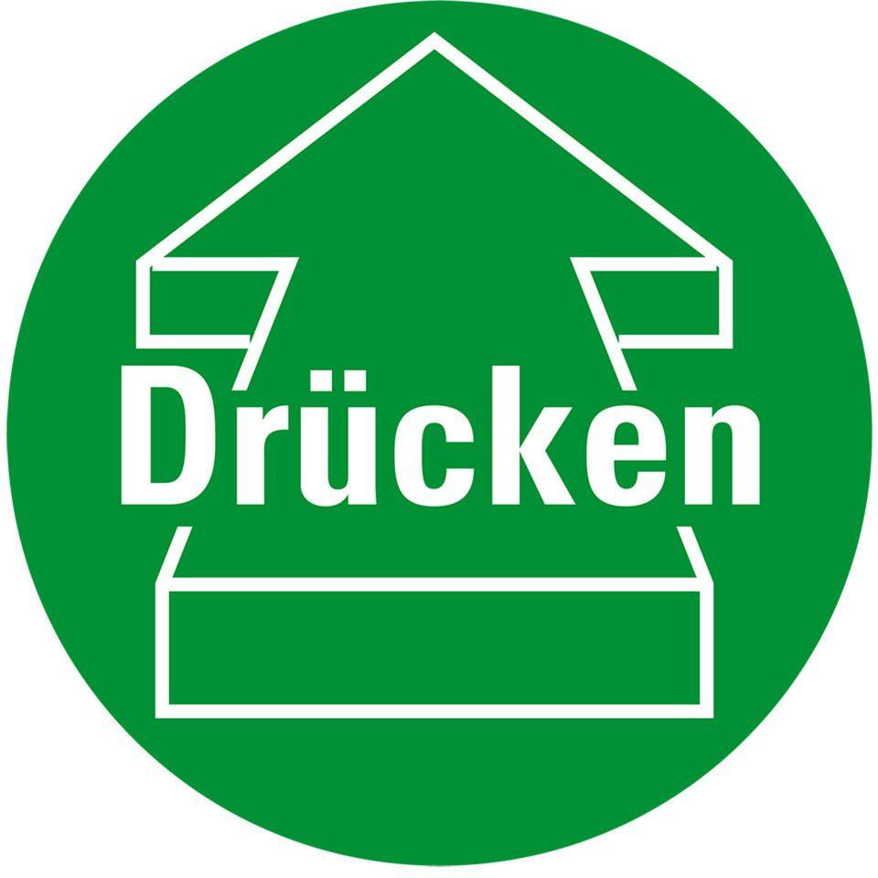 Türhinweis Drücken mit Pfeil, verhindert Stoßverletzungen, grün,Folie, Ø 100mm