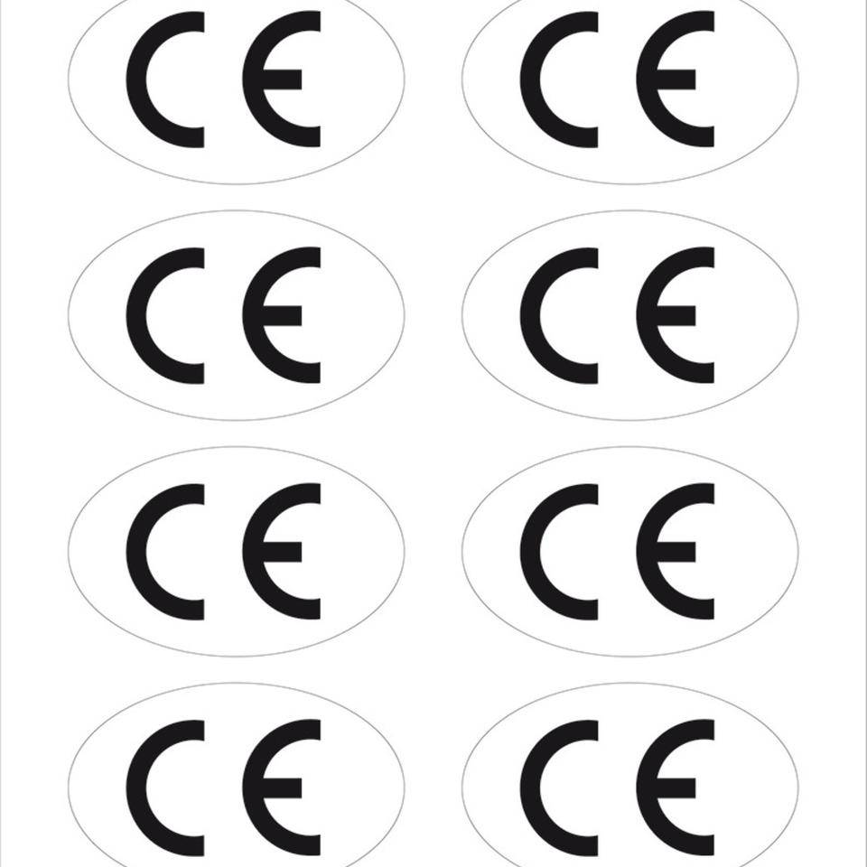 CE-Zeichen, oval, RoHS konform, weiß/schwarz, Folie, selbstklebend, 64x40mm, 8/Bogen