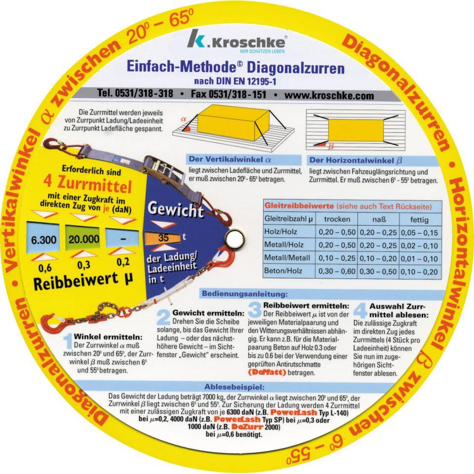 Drehscheibe Trucker's Disc, zur Berechnung von Zurrmitteln, Vorspannkratft etc.