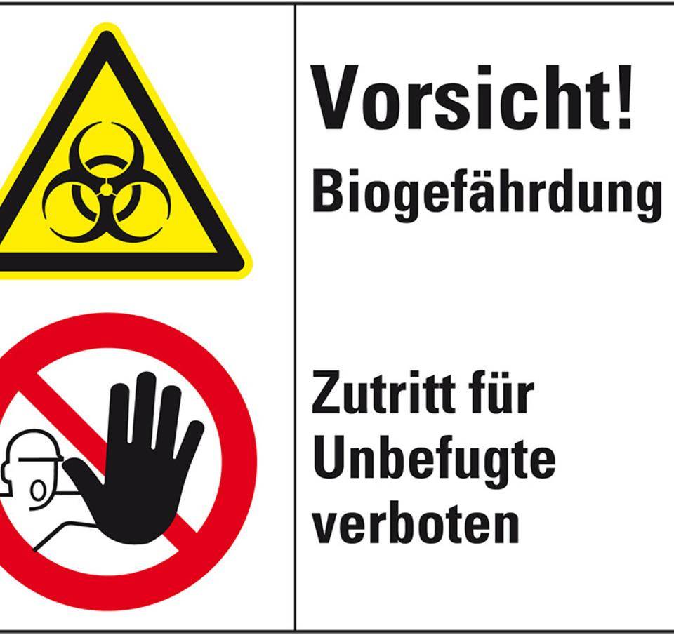 Kombischild mit Symbolen Vorsicht! Biogefährdung..., Folie, 200x150mm, ASR A1.3, DIN EN ISO 7010 D-P006 und W009