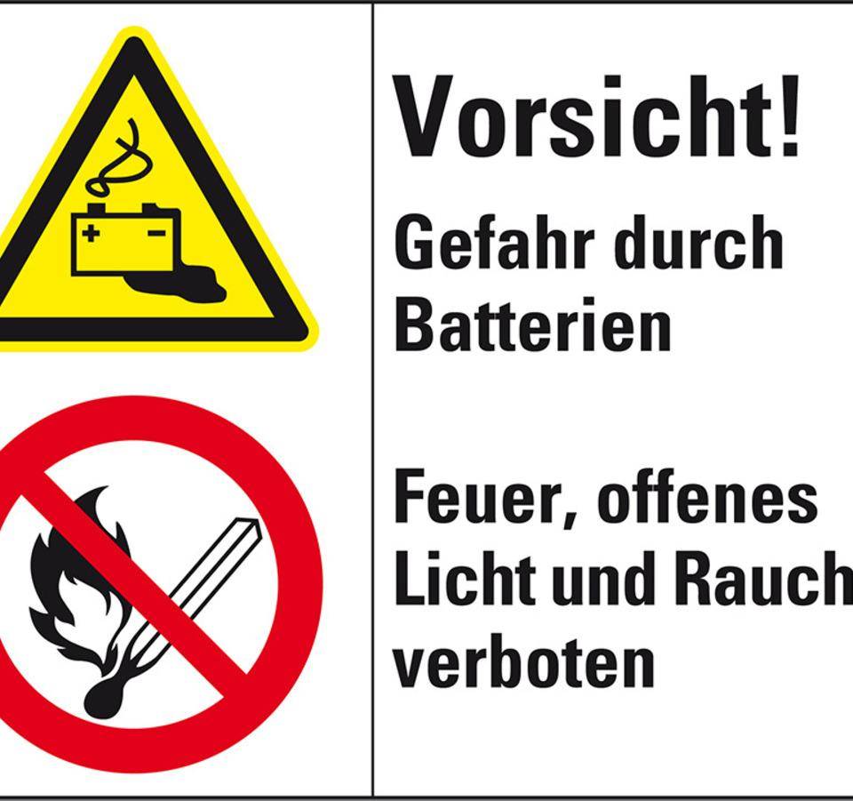 Kombischild mit Symbolen Vorsicht! Gefahr durch Batterien..., Folie, 200x150mm