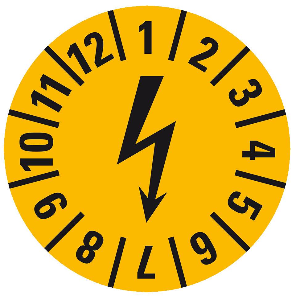 Prüfplakette mit Blitzpfeil, gelb, Dokumentenfolie, selbstklebend, Ø15mm, 60/Bogen