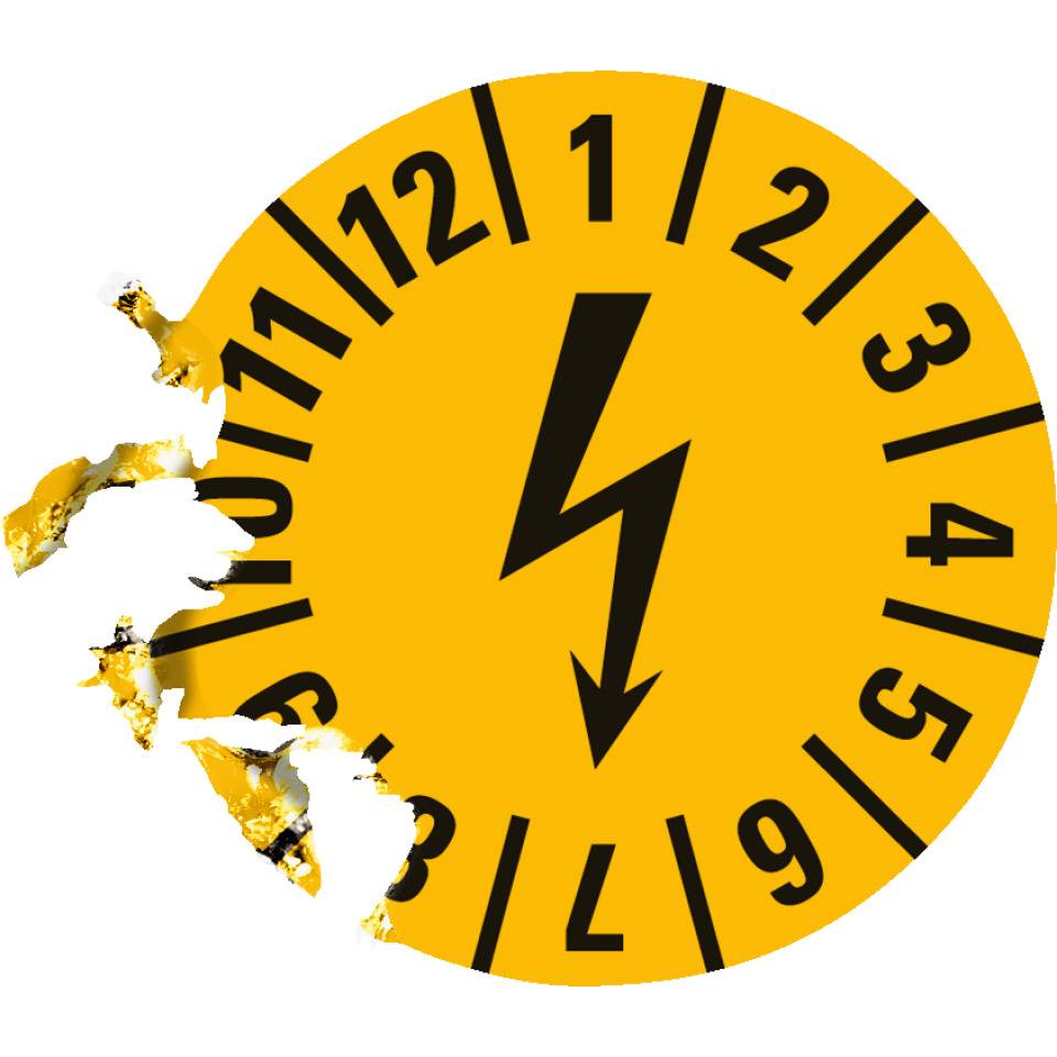 Prüfplakette mit Blitzpfeil, gelb, Dokumentenfolie, selbstklebend, Ø15mm, 60/Bogen