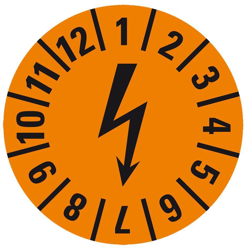 Prüfplakette mit Blitzpfeil, orange, Dokumentenfolie, selbstklebend, Ø15mm, 60/Bogen