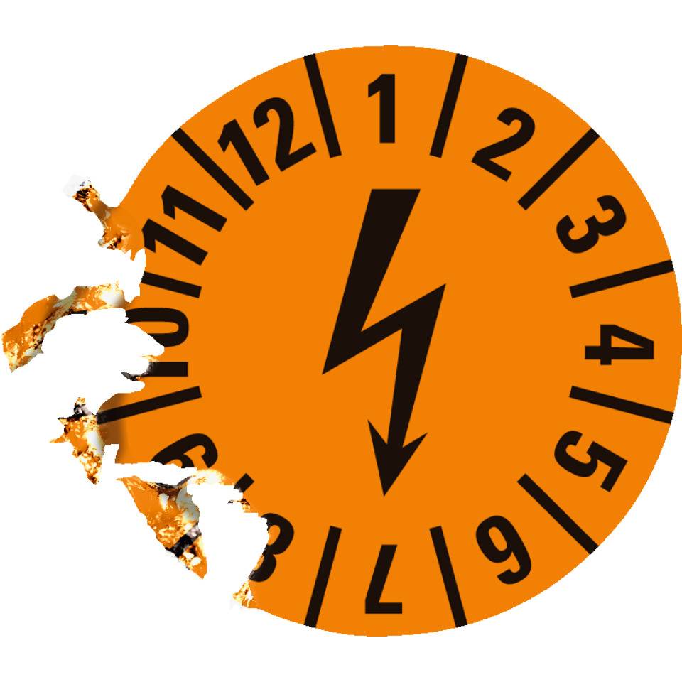 Prüfplakette mit Blitzpfeil, orange, Dokumentenfolie, selbstklebend, Ø15mm, 60/Bogen