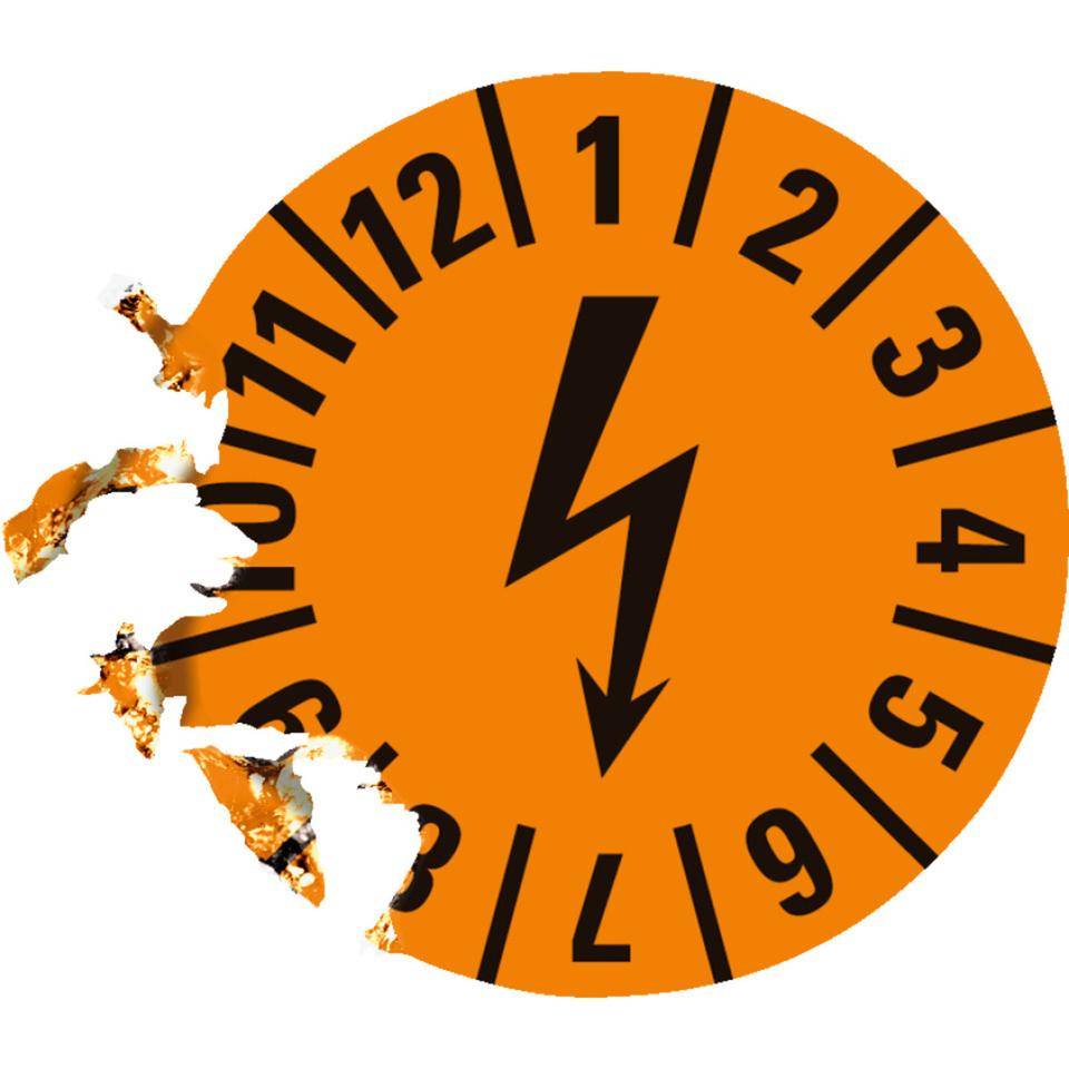 Prüfplakette mit Blitzpfeil, orange, Dokumentenfolie, selbstklebend, Ø15mm, 60/Bogen