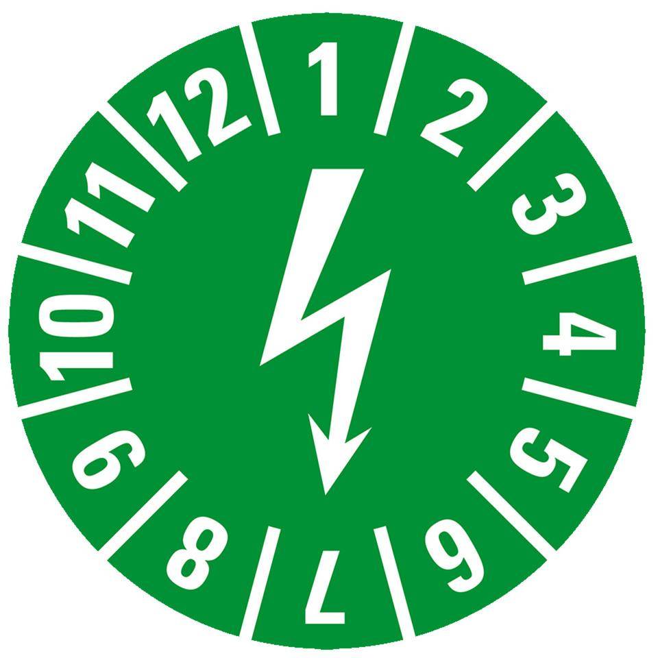 Prüfplakette mit Blitzpfeil, grün, Dokumentenfolie, selbstklebend, Ø15mm, 60/Bogen