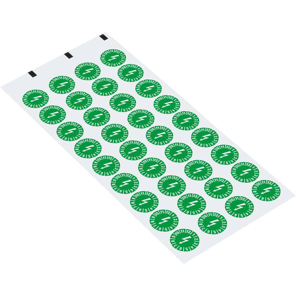 Prüfplakette mit Blitzpfeil, grün, Dokumentenfolie, selbstklebend, Ø15mm, 60/Bogen