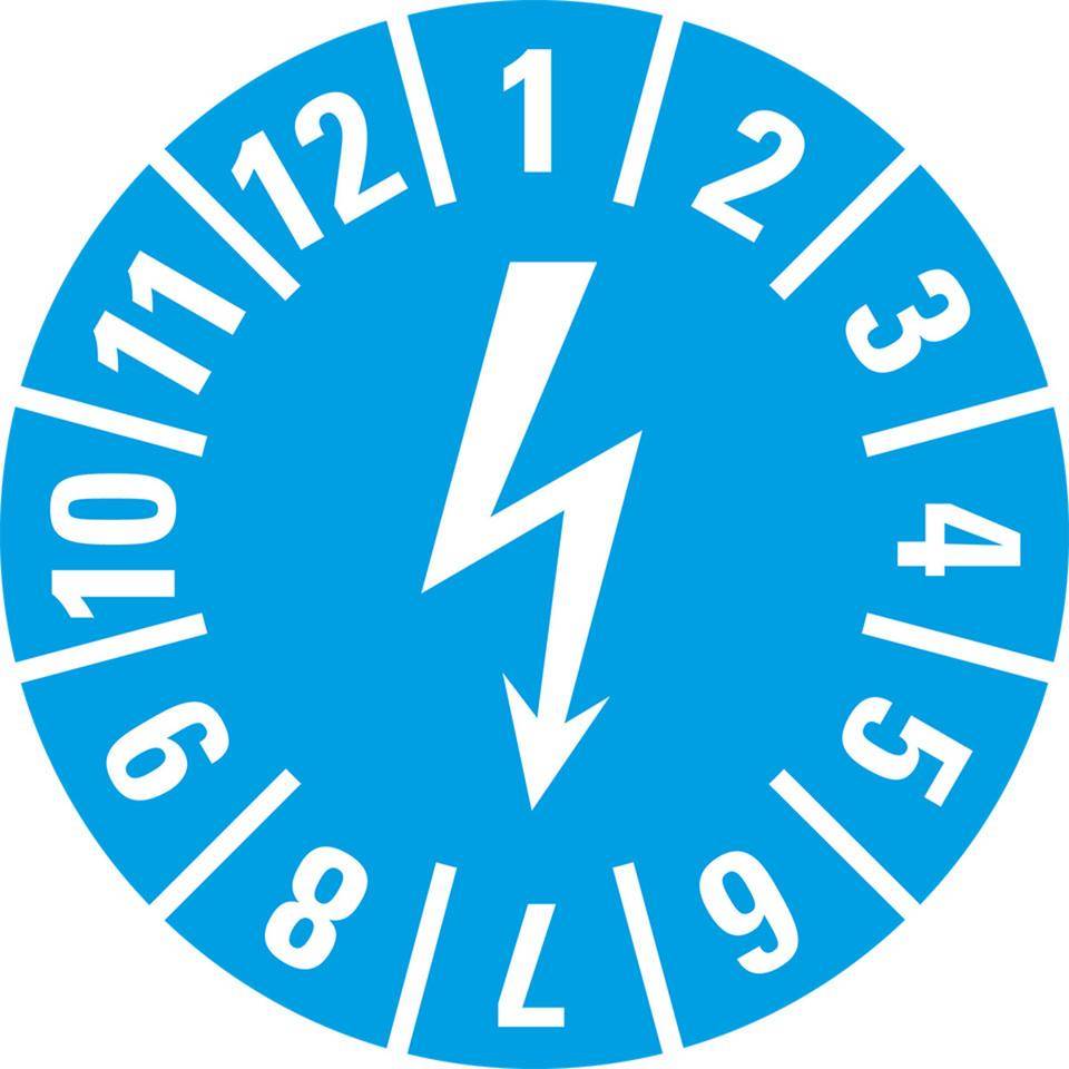 Prüfplakette mit Blitzpfeil, hellblau, Dokumentenfolie, selbstklebend, Ø15mm, 60/Bogen