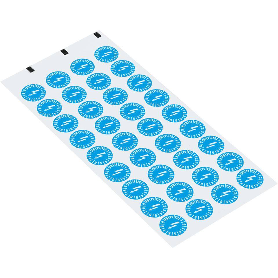 Prüfplakette mit Blitzpfeil, hellblau, Dokumentenfolie, selbstklebend, Ø15mm, 60/Bogen