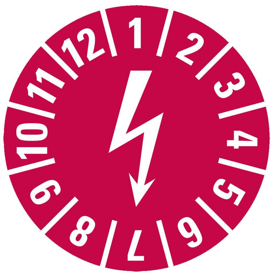 Prüfplakette mit Blitzpfeil, rot, Dokumentenfolie, selbstklebend, Ø15mm, 60/Bogen