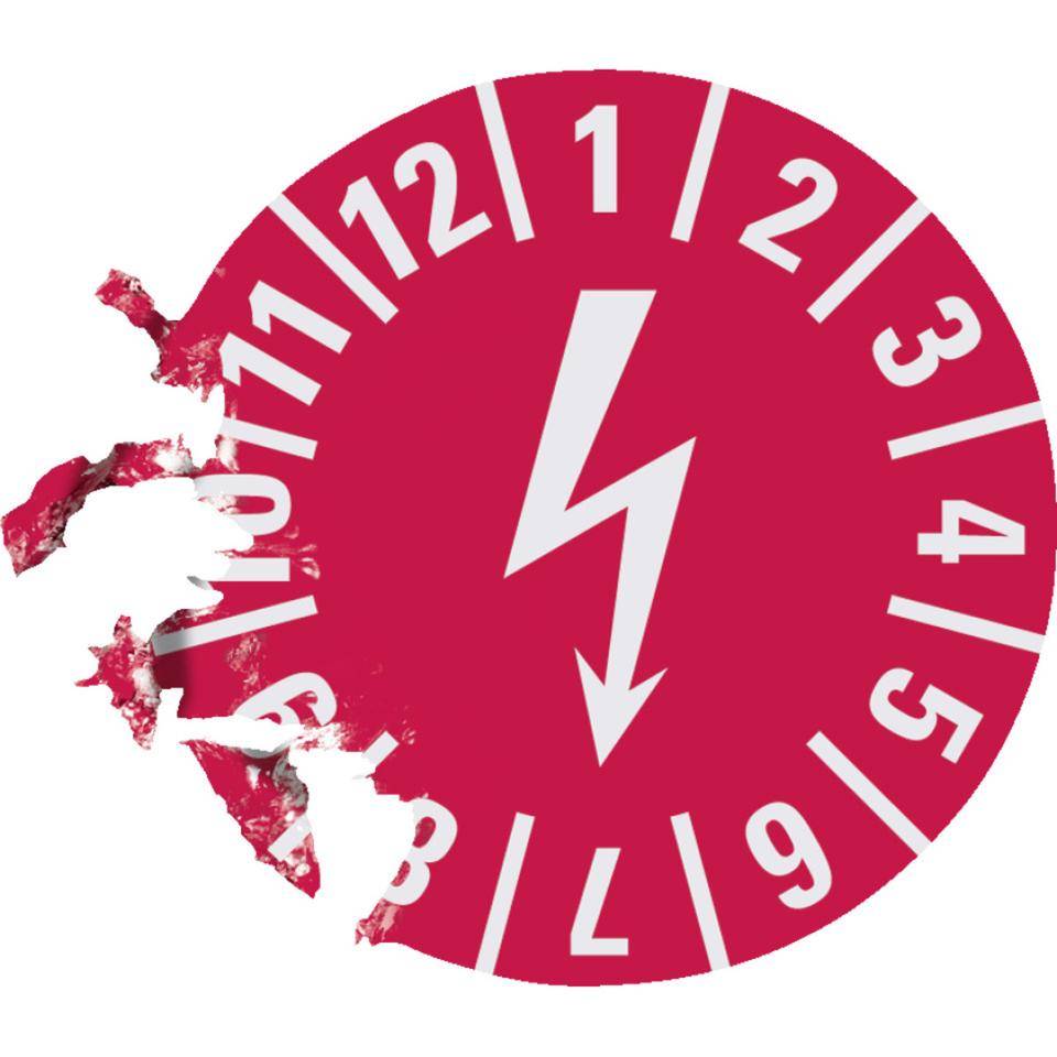 Prüfplakette mit Blitzpfeil, rot, Dokumentenfolie, selbstklebend, Ø15mm, 60/Bogen