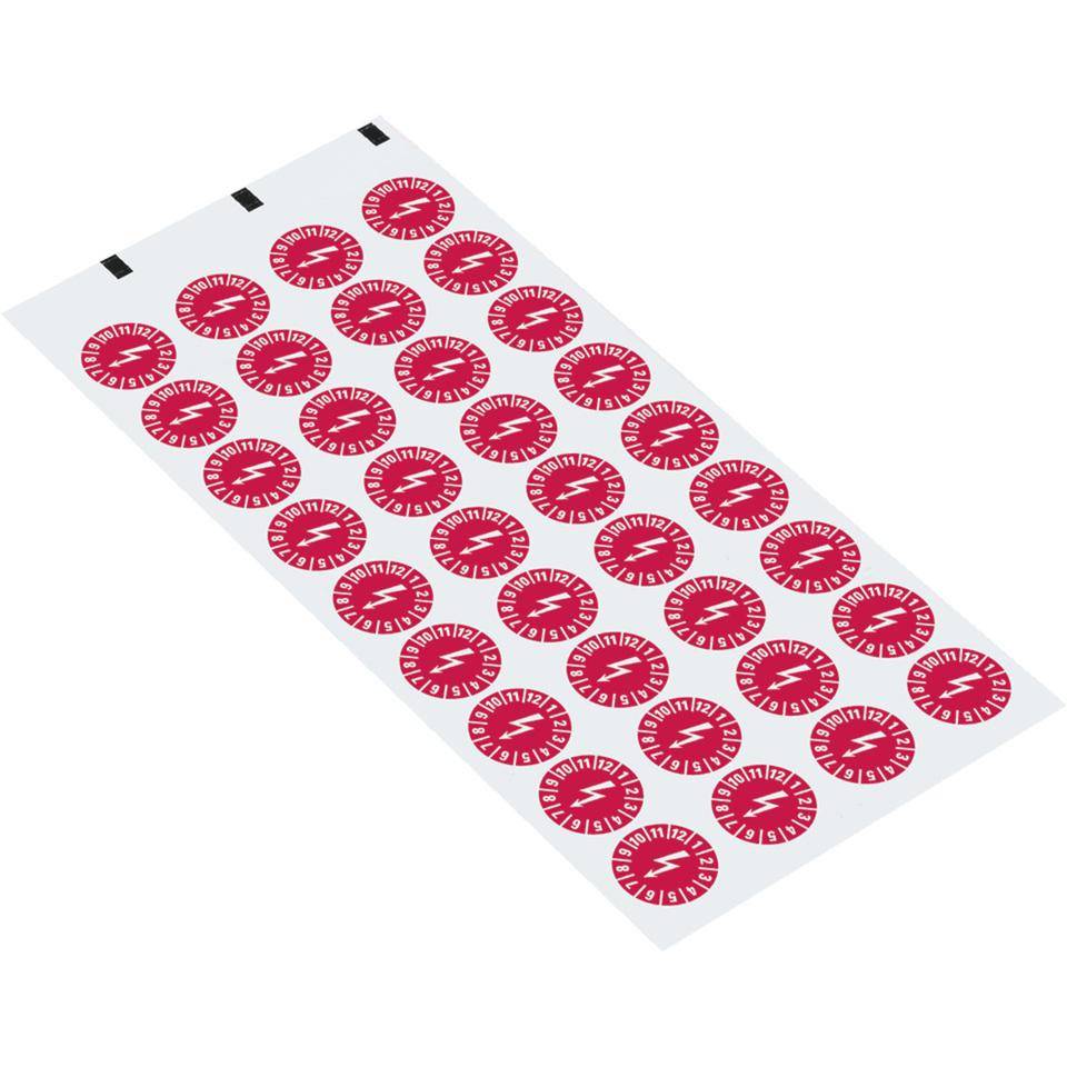 Prüfplakette mit Blitzpfeil, rot, Dokumentenfolie, selbstklebend, Ø15mm, 60/Bogen