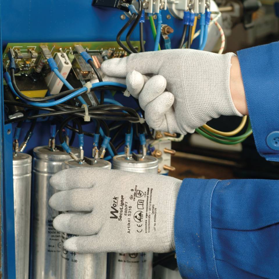 Work Schutzhandschuh SecuLight® ESD/FT, grau, Nylon-Carbon, PU, Größe 9, EN 388, Kat. II